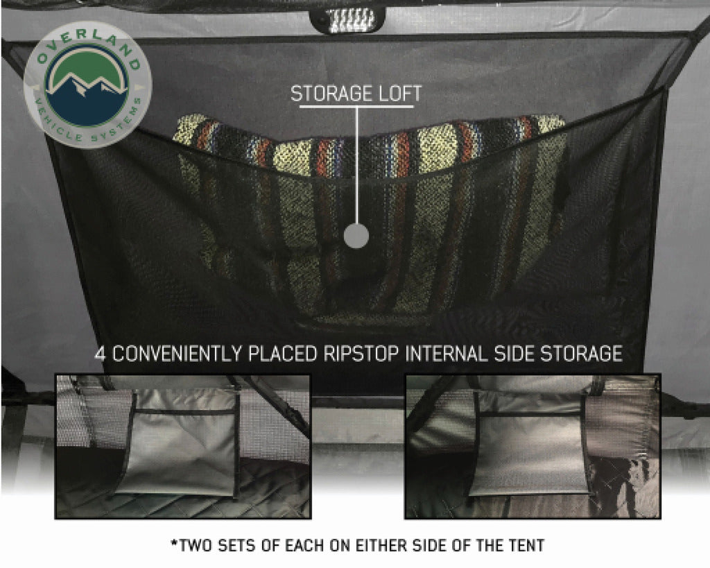 Overland Vehicle Systems Nomadic 4 Extended Roof Top Tent - Dark Gray Base With Green Rain Fly & Black Cover, Black Aluminum Base, Black Ladder