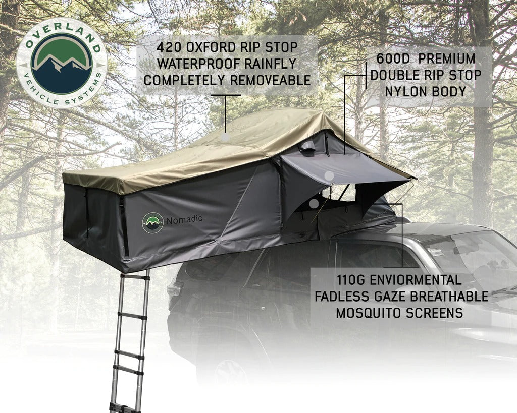 Overland Vehicle Systems Nomadic 2 Extended Roof Top Tent - Dark Gray Base With Green Rain Fly With Bonus Pack