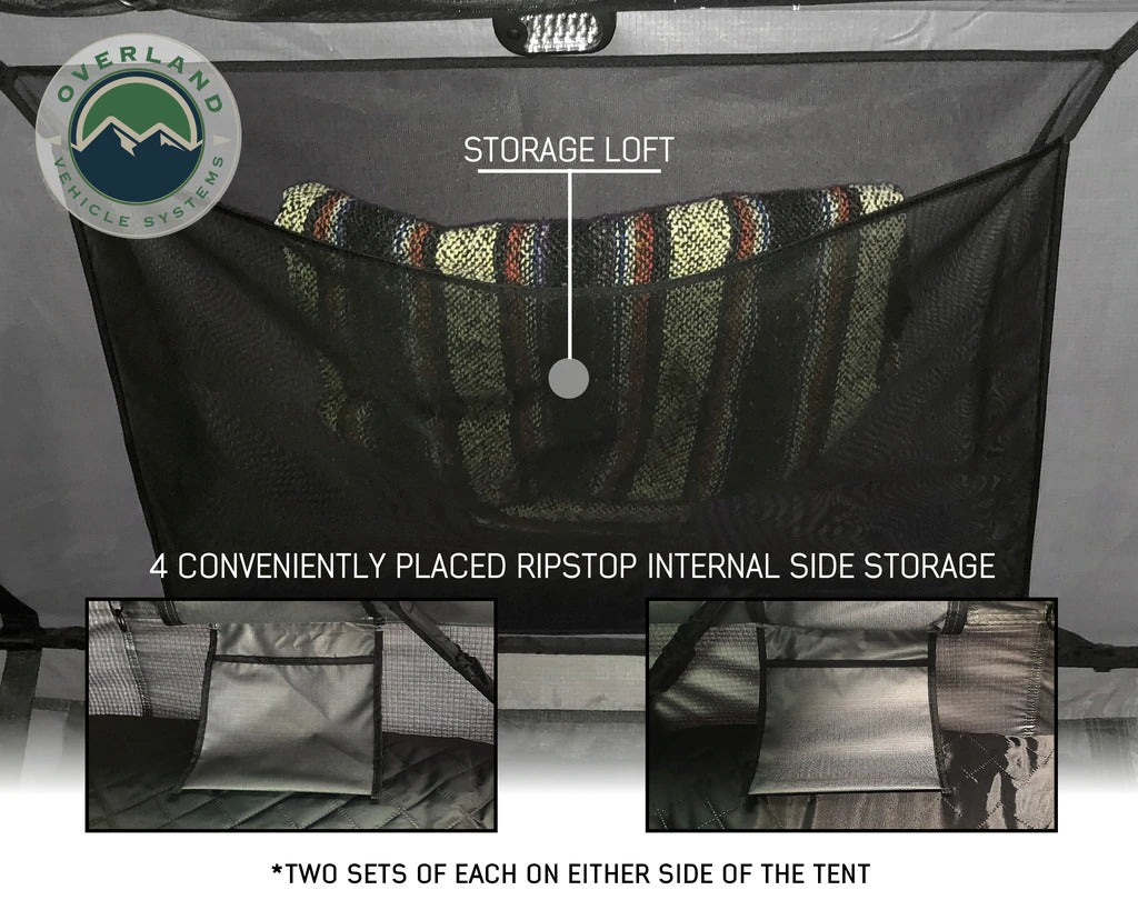 Overland Vehicle Systems Nomadic 2 Extended Roof Top Tent - Dark Gray Base With Green Rain Fly With Bonus Pack