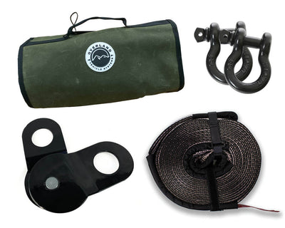 Overland Vehicle System Recovery Wrap Kit Including 20" Tow Strap, Pair of Black D-Rings, Snatch Block and Canvas Bag