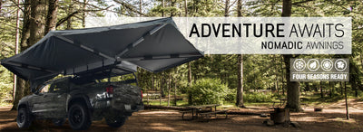Overland Vehicle Systems Nomadic Awning 270 Dark Gray Cover With Black Transit Cover Driver Side & Brackets