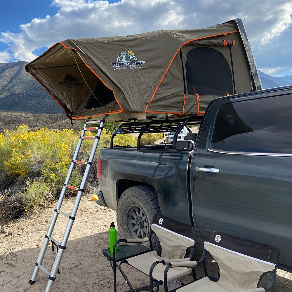 hard top roof top tent Tuff Stuff Overland Alpha II Hard Top Side Open Tent, Black, 2 Person